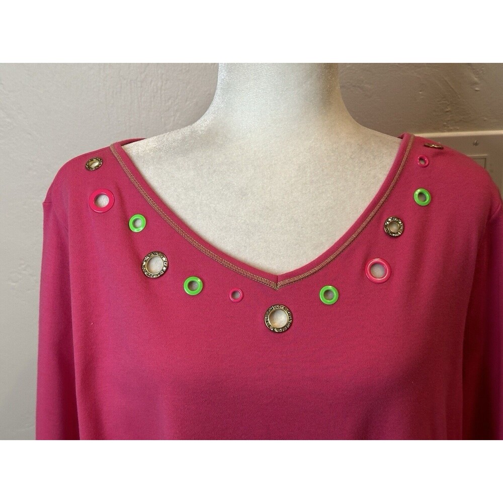 Quacker Factory Jeweled Beaded Rhinestone V Neck Knit Top Size XL V3551g